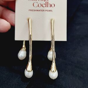 NWT Camila Coelho Gold Fresh Water Pearl Tear Drop Earrings